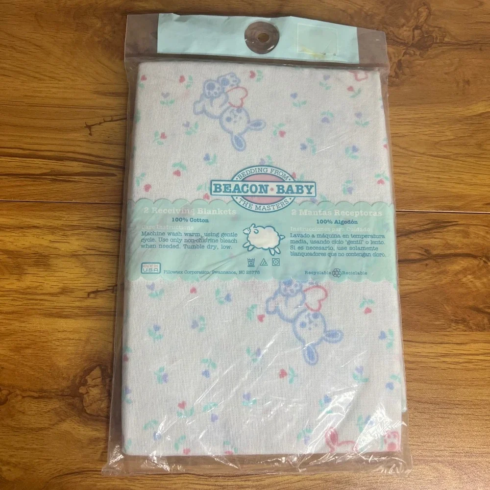 Vintage Beacon Baby‎ Receiving Blankets 30x30 White Bunny Floral 2pk Cotton NEW